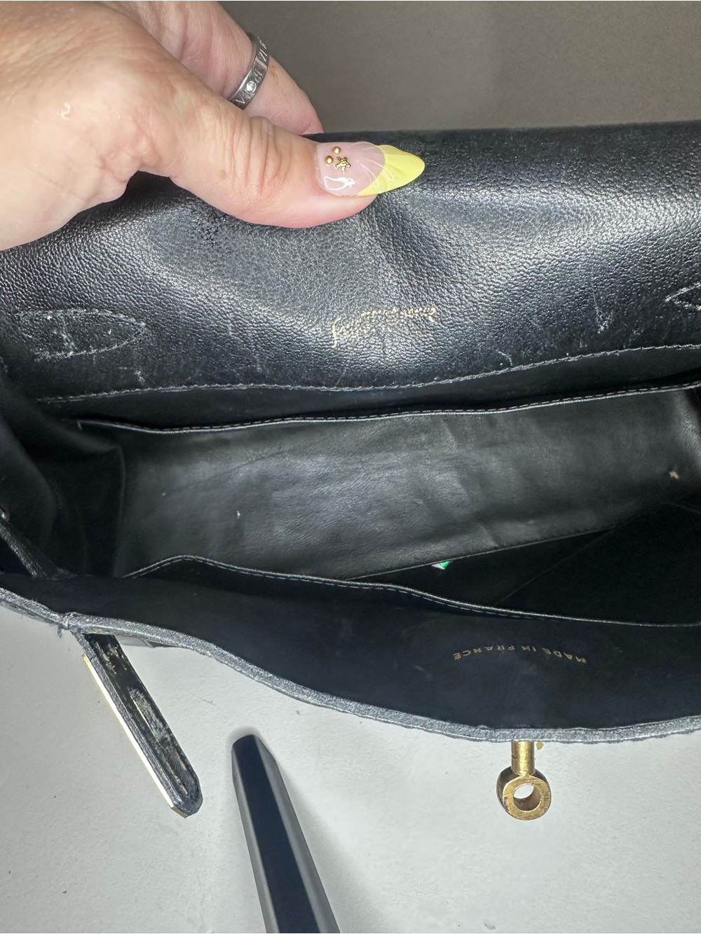 VTG Saks Fifth Avenue Paris Black Leather & Suede Kelly Bag Gold Hardware France - Picture 8 of 15